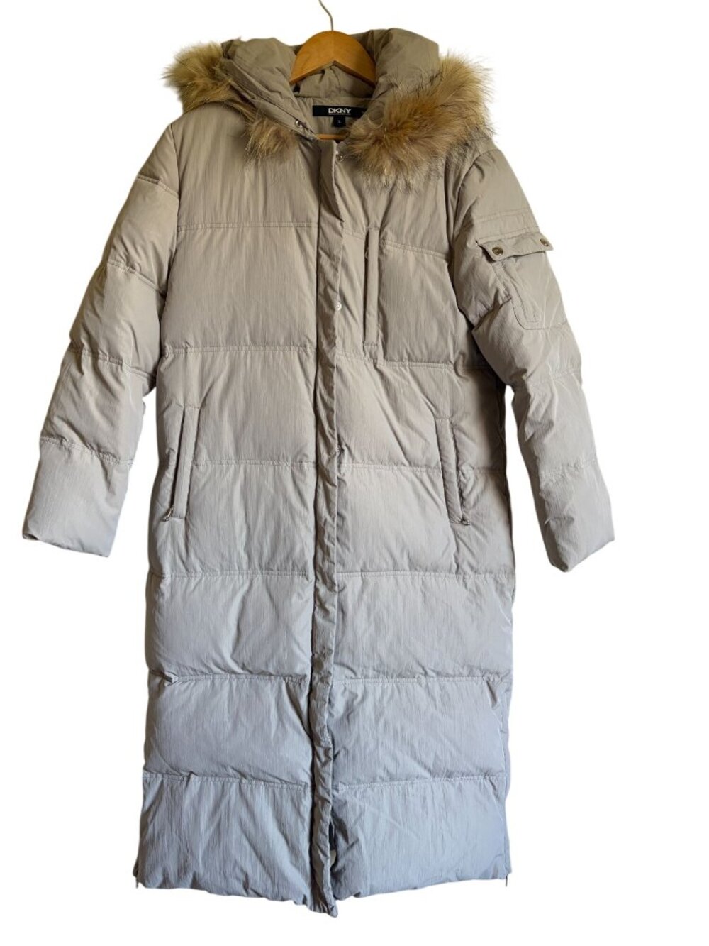 DKNY Down Puffer Jacket Size Large Tan Removable Faux Fur Trim Hood